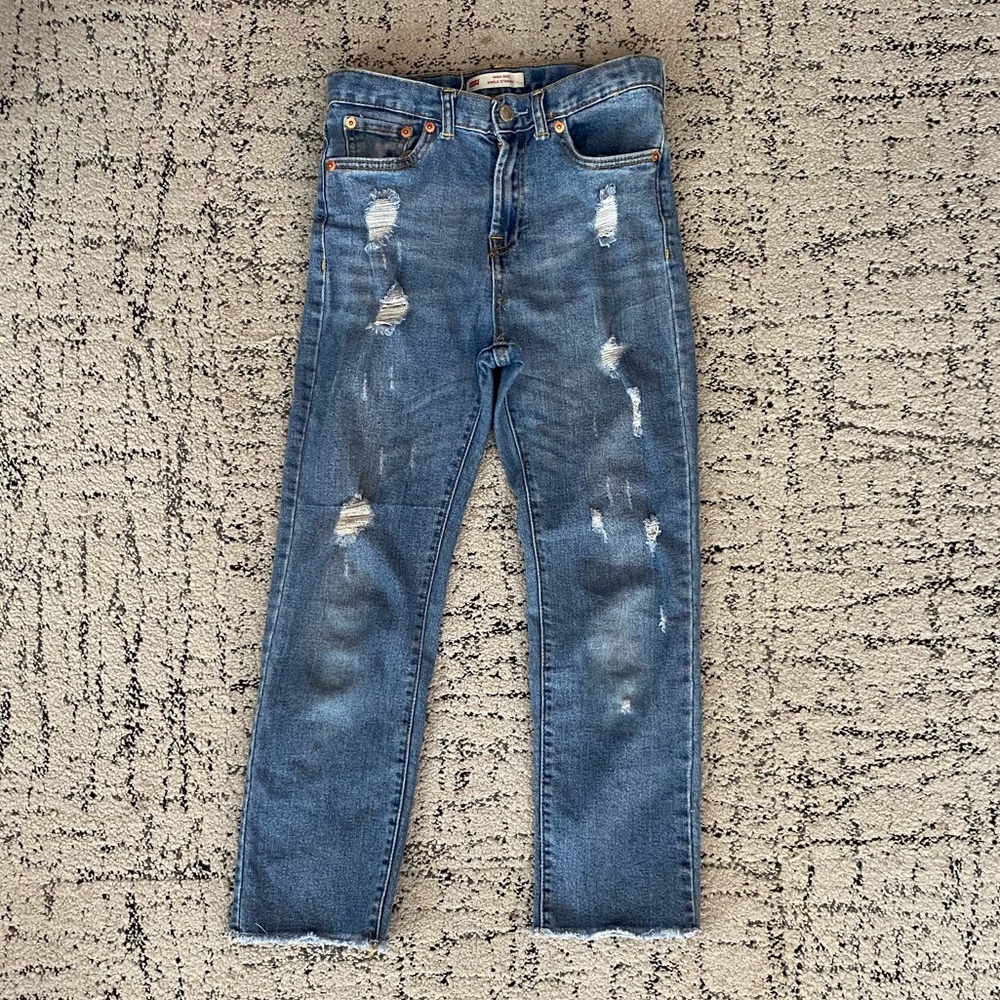 Kids distressed high rise straight Levi’s jeans